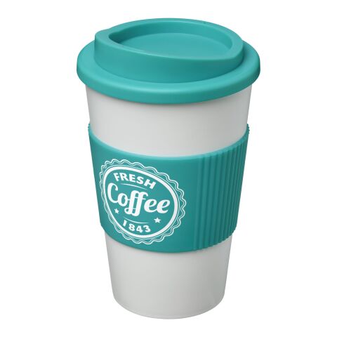 Werbeartikel 350 ml Americano Coffee-to-go-Becher, doppelwandig isoliert mit Silikon-Schutzring & Schraubverschluss – weiß-aquablau – mit Logo