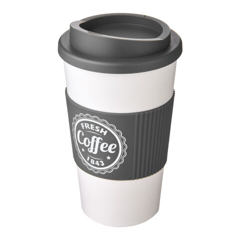 Werbeartikel 350 ml Americano Coffee-to-go-Becher, doppelwandig isoliert mit Silikon-Schutzring & Schraubverschluss – transparent klar-grau – mit
