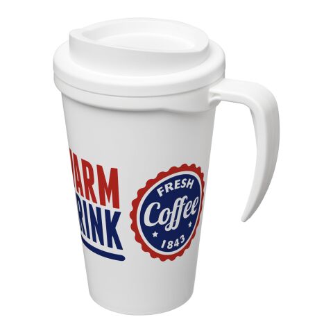 Werbeartikel Americano Grande 350 ml Coffee-to-go Isolierbecher mit Griff & Schraubdeckel Made in UK – weiß – mit Logo bedruckt