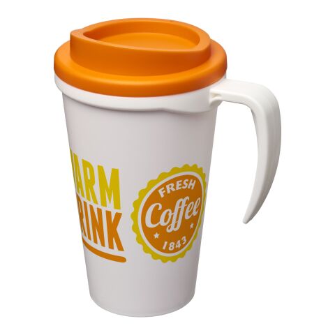 Werbeartikel Americano Grande 350 ml Coffee-to-go Isolierbecher mit Griff & Schraubdeckel Made in UK – transparent klar-orange – mit Logo bedruckt