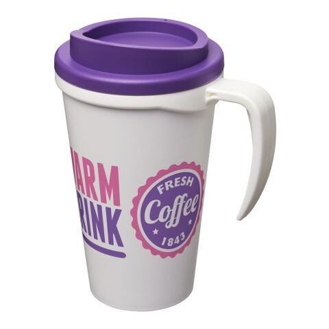 Werbeartikel Thermobecher Americano Grande – weiss-lila – mit Logo bedruckt 350 ml für das Mitarbeiter-Onboarding