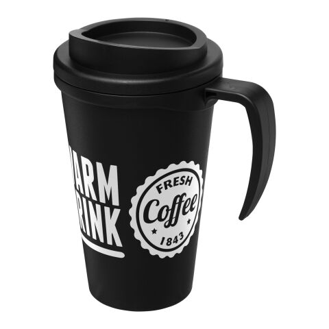 Werbeartikel Americano Grande 350 ml Isolierbecher doppelwandig mit Griff & Schraubdeckel Made in UK inkl. Geschenkbox – schwarz – mit Logo bedruckt
