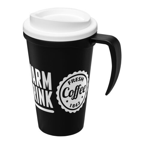 Firmengeschenk Thermobecher Americano Grande – schwarz-weiss – mit Logo bedruckt 350 ml für die Büroküche