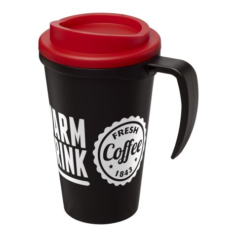 Werbeartikel Americano Grande 350 ml Coffee-to-go Isolierbecher mit Griff & Schraubdeckel Made in UK – schwarz-rot – mit Logo bedruckt