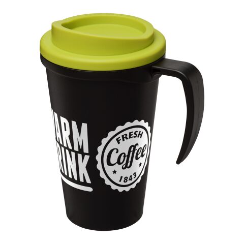 Werbeartikel Americano Grande 350 ml Coffee-to-go Isolierbecher mit Griff & Schraubdeckel Made in UK – schwarz-limone – mit Logo bedruckt