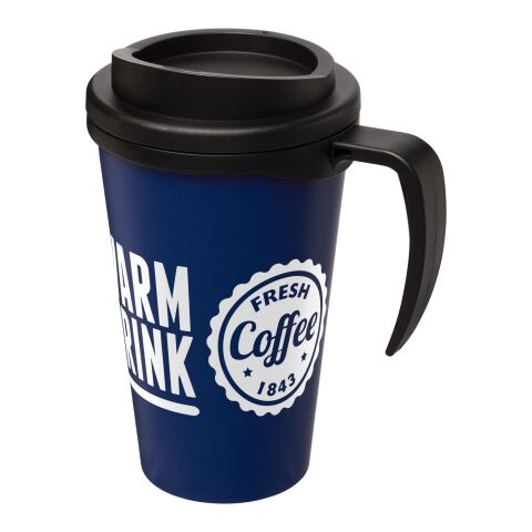 Werbeartikel Americano Grande 350 ml Coffee-to-go Isolierbecher mit Griff & Schraubdeckel Made in UK – blau-schwarz – mit Logo bedruckt
