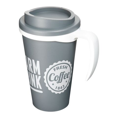 Werbeartikel Americano Grande 350 ml Coffee-to-go Isolierbecher mit Griff & Schraubdeckel Made in UK – grau-weiß – mit Logo bedruckt