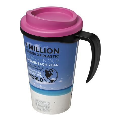 Werbeartikel Brite-Americano Grande 350 ml Kaffeebecher mit Griff & Full-Color Rundum-Design – schwarz-rosa – mit Logo bedruckt