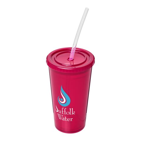 Werbeartikel Stadion 350 ml doppelwandiger Isolier-Trinkbecher mit Silikon-Strohhalm Made in UK – magenta – mit Logo bedruckt