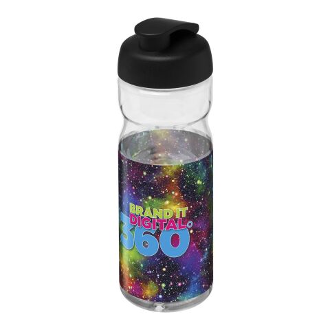 Werbeartikel H2O Base 650 ml Sportflasche einwandig & ergonomisch auslaufsicherer Klappdeckel Made in UK – transparent-schwarz – mit Logo bedruckt