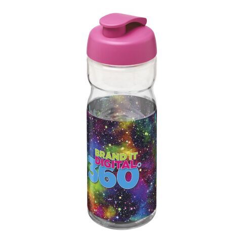 Werbeartikel H2O Base 650 ml Sportflasche einwandig & ergonomisch auslaufsicherer Klappdeckel Made in UK – transparent-rosa – mit Logo bedruckt