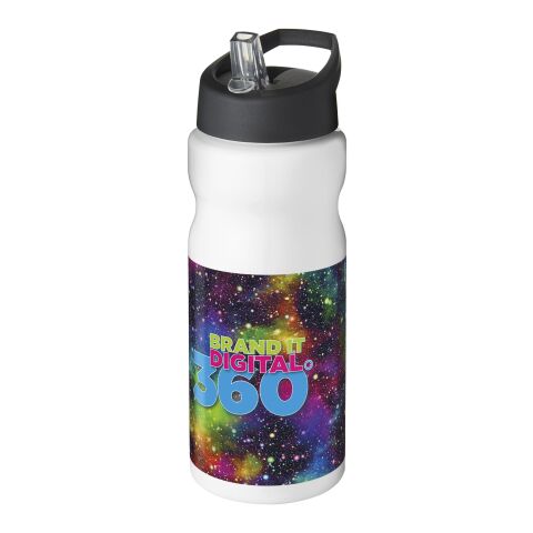 Werbeartikel Sport Trinkflasche 650 ml H2O Base aus recyceltem PET Ausgussdeckel BPA-frei – weiß-schwarz – mit Logo bedruckt