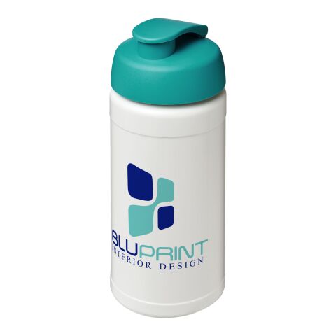 Werbeartikel Sportflasche Baseline Plus 500 ml Kunststoff Klappdeckel auslaufsicher einwandig – weiss-aquablau – mit Logo bedruckt
