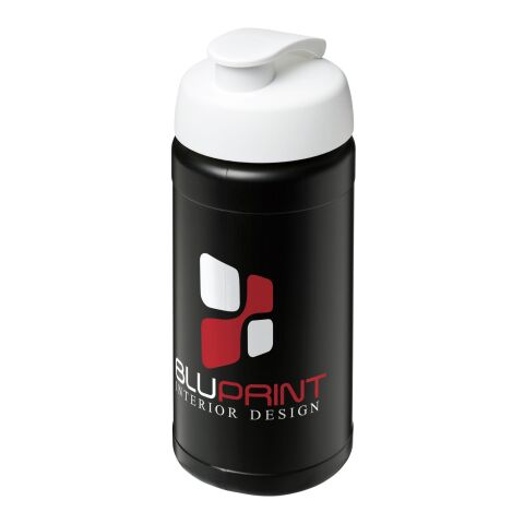 Werbeartikel Sportflasche Baseline Plus 500 ml Kunststoff Klappdeckel auslaufsicher einwandig – schwarz-weiß – mit Logo bedruckt