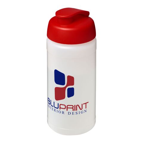 Werbeartikel Sportflasche Baseline Plus 500 ml Kunststoff Klappdeckel auslaufsicher einwandig – transparent-rot – mit Logo bedruckt