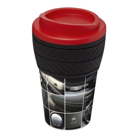 Werbeartikel 350 ml Brite-Americano Isolier-Kaffeebecher mit Silikongriff im Reifen-Design & Rundum-Druck – rot – mit Logo bedruckt