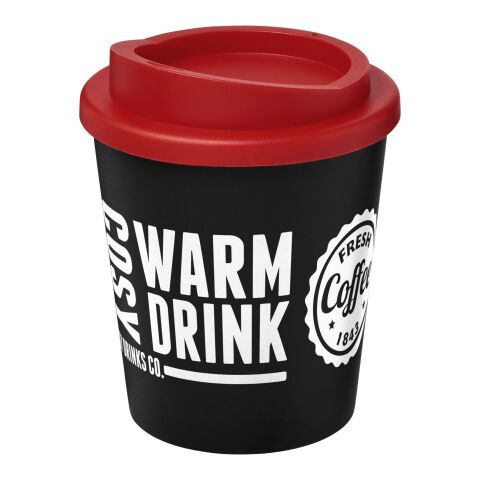 Werbeartikel 250 ml Americano Espresso Isolierbecher doppelwandig, passend für Kaffeemaschinen, Made in UK – schwarz-rot – mit Logo bedruckt