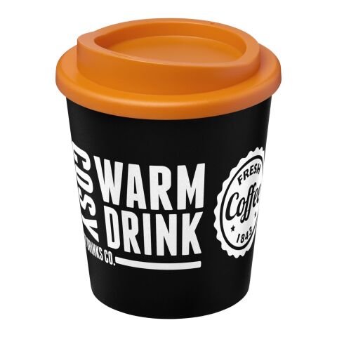 Werbeartikel 250 ml Americano Espresso Isolierbecher doppelwandig, passend für Kaffeemaschinen, Made in UK – schwarz-orange – mit Logo bedruckt
