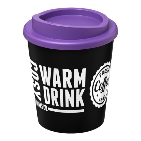 Werbeartikel 250 ml Americano Espresso Isolierbecher doppelwandig, passend für Kaffeemaschinen, Made in UK – schwarz-lila – mit Logo bedruckt