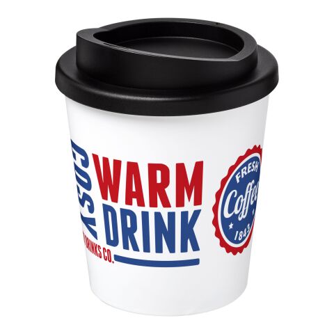 Werbeartikel 250 ml Americano Espresso Isolierbecher doppelwandig, passend für Kaffeemaschinen, Made in UK – weiß-schwarz – mit Logo bedruckt