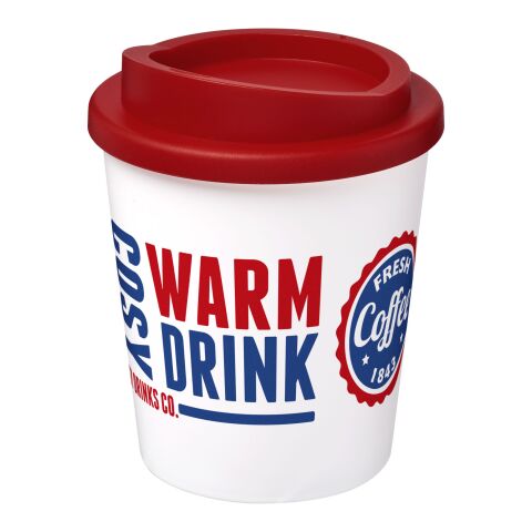 Werbeartikel 250 ml Americano Espresso Isolierbecher doppelwandig, passend für Kaffeemaschinen, Made in UK – transparent klar-rot – mit Logo bedruckt