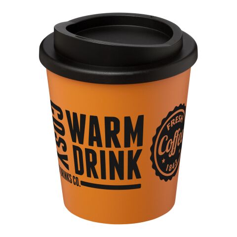Werbeartikel 250 ml Americano Espresso Isolierbecher doppelwandig, passend für Kaffeemaschinen, Made in UK – orange-schwarz – mit Logo bedruckt
