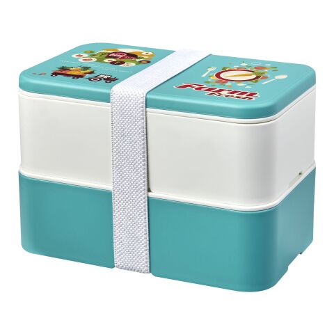 Nachhaltiger Werbeartikel MIYO Renew Doppel-Lunchbox – riffblau-elfenbeinweiß-weiss – mit Logo bedruckt
