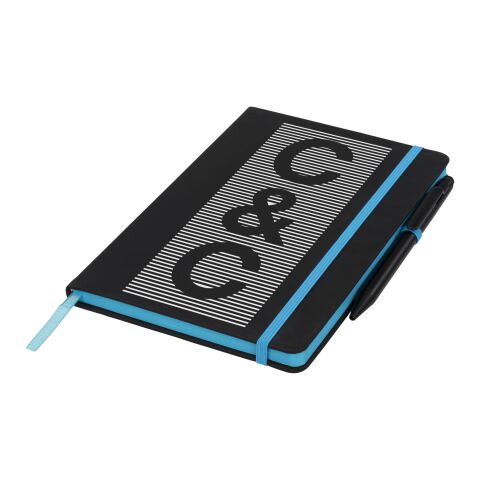 48h Express-Druck Werbeartikel A5 schwarzes Notizbuch mit farbigem Rand – schwarz-blau – mit Logo bedruckt