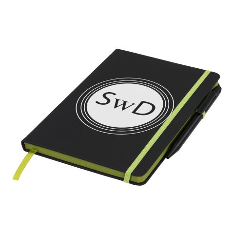 Werbeartikel A5 schwarzes Notizbuch mit farbigem Rand – schwarz-limone – mit Logo bedruckt