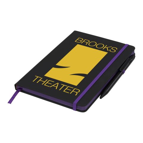 Werbeartikel A5 schwarzes Notizbuch mit farbigem Rand – schwarz-lila – mit Logo bedruckt