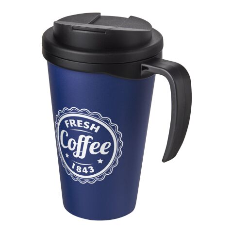 Nachhaltiger Werbeartikel Americano Grande 350 ml Isolierbecher mit auslaufsicherem Schraubverschluss – blau-schwarz – mit Logo bedruckt