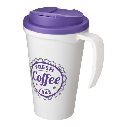 Nachhaltiger Werbeartikel Americano Grande 350 ml Isolierbecher mit auslaufsicherem Schraubverschluss – weiss-lila – mit Logo bedruckt