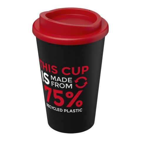 Nachhaltiger Werbeartikel Americano Eco 350 ml recycelter Becher – schwarz-rot – mit Logo bedruckt