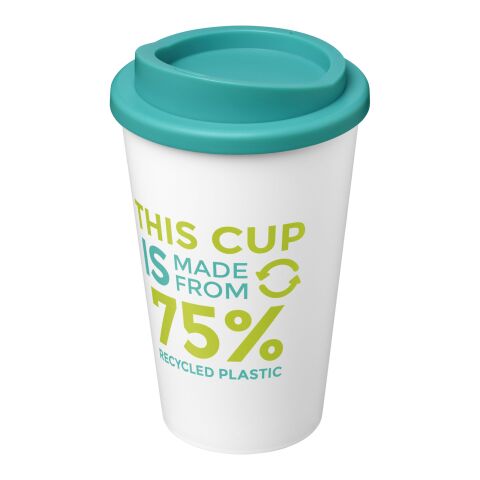Nachhaltiger Werbeartikel Americano Eco 350 ml recycelter Becher – transparent klar-aquablau – mit Logo bedruckt