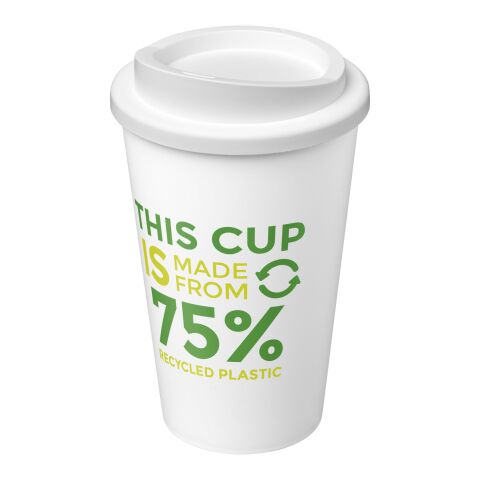 Kundengeschenk Isolierbecher Americano Eco – weiß – mit Logodruck 100% recyceltes PP 350ml Made in UK nachhaltige Mehrwegflasche