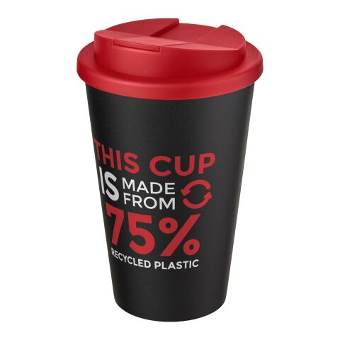 Nachhaltiger Werbeartikel Americano Eco 350 ml recycelter Becher mit auslaufsicherem Deckel – rot-schwarz – mit Logo bedruckt