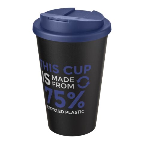 Nachhaltiger Werbeartikel Americano Eco 350 ml recycelter Becher mit auslaufsicherem Deckel – blau-schwarz – mit Logo bedruckt