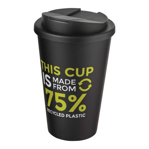Nachhaltiger Werbeartikel Americano Eco 350 ml recycelter Becher mit auslaufsicherem Deckel – schwarz glänzend-schwarz – mit Logo bedruckt
