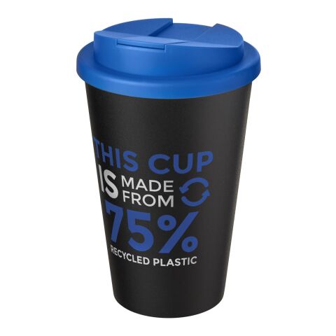 Nachhaltiger Werbeartikel Americano Eco 350 ml recycelter Becher mit auslaufsicherem Deckel – mittelblau-schwarz – mit Logo bedruckt