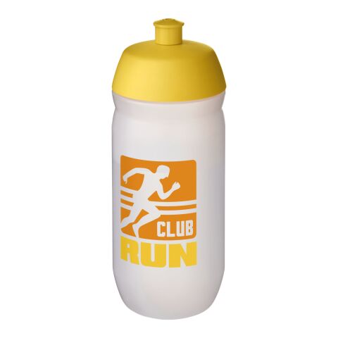 Werbeartikel Sport Trinkflasche 500 ml HydroFlex Clear MDPE Squeezy Flasche Klappdeckel BPA-frei – gelb-klar mattiert – mit Logo bedruckt