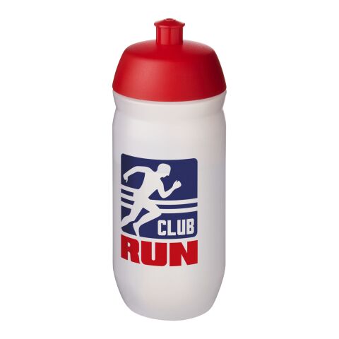 Werbeartikel Sport Trinkflasche 500 ml HydroFlex Clear MDPE Squeezy Flasche Klappdeckel BPA-frei – rot-klar mattiert – mit Logo bedruckt