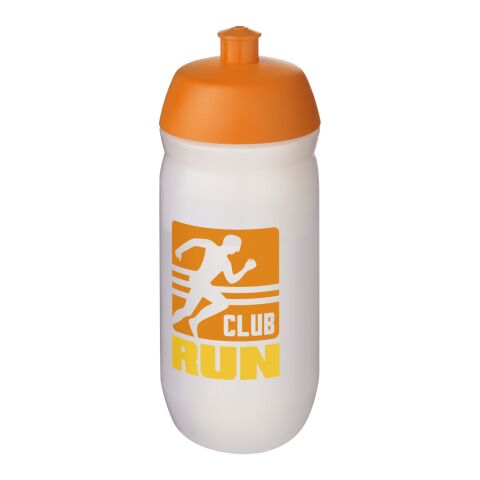 Werbeartikel Sport Trinkflasche 500 ml HydroFlex Clear MDPE Squeezy Flasche Klappdeckel BPA-frei – orange-klar mattiert – mit Logo bedruckt