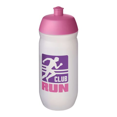 Werbeartikel Sport Trinkflasche 500 ml HydroFlex Clear MDPE Squeezy Flasche Klappdeckel BPA-frei – rosa-klar mattiert – mit Logo bedruckt