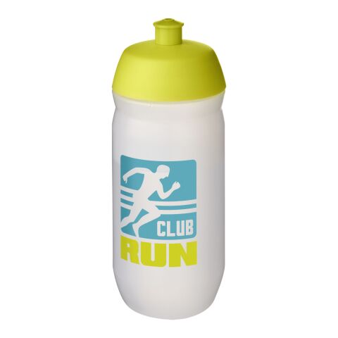 Werbeartikel Sport Trinkflasche 500 ml HydroFlex Clear MDPE Squeezy Flasche Klappdeckel BPA-frei – limone-klar mattiert – mit Logo bedruckt
