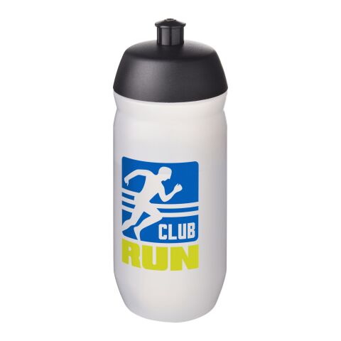 Werbeartikel Sport Trinkflasche 500 ml HydroFlex Clear MDPE Squeezy Flasche Klappdeckel BPA-frei – schwarz-klar mattiert – mit Logo bedruckt