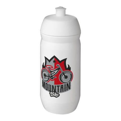 Werbeartikel Sport Trinkflasche 500 ml HydroFlex Klappdeckel MDPE Squeezy Flasche BPA-frei hergestellt in UK – weiß-weiß – mit Logo bedruckt