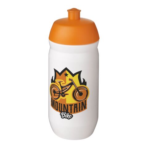 Werbeartikel Sport Trinkflasche 500 ml HydroFlex Klappdeckel MDPE Squeezy Flasche BPA-frei hergestellt in UK – orange-transparent – mit Logo bedruckt