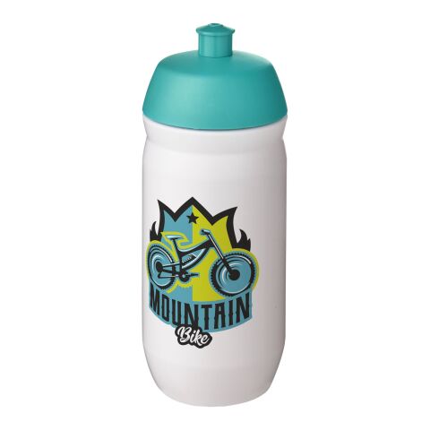 Werbeartikel Sport Trinkflasche 500 ml HydroFlex Klappdeckel MDPE Squeezy Flasche BPA-frei hergestellt in UK – aquablau-transparent – mit Logo