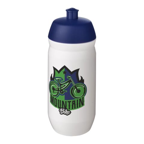 Werbeartikel Sport Trinkflasche 500 ml HydroFlex Klappdeckel MDPE Squeezy Flasche BPA-frei hergestellt in UK – blau-transparent – mit Logo bedruckt