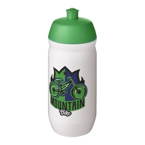 Werbeartikel Sport Trinkflasche 500 ml HydroFlex Klappdeckel MDPE Squeezy Flasche BPA-frei hergestellt in UK – grün-weiß – mit Logo bedruckt